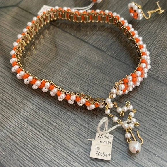 Vintage Hobe Orange and White Beaded Necklace and Clip Earring Set with Tags - Picture 11 of 17